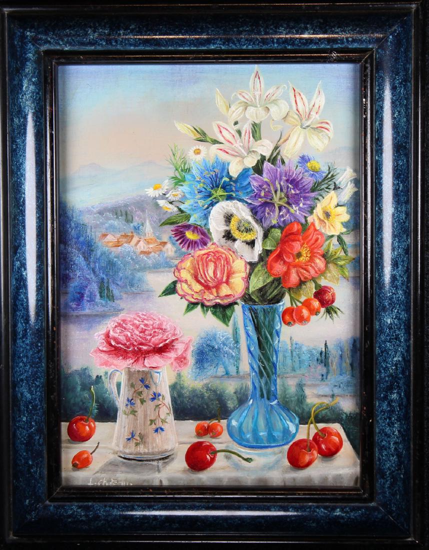 Jacqueline Chuteau (France, born 1923): Jacqueline Chuteau (France, born 1923) Oil on board still life painting. Signed lower left. Sight Size: 12 x 8.5 in. Overall Size: in.