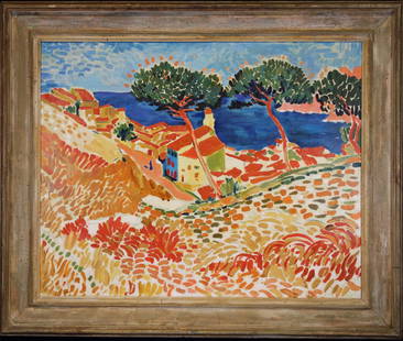 European School, French Coastal Scene. Signed: European School, French Coastal Scene. Signed lower right. After Andre Derain (1880 - 1954). Provenance: Private Oklahoma City Collection. Oil on board. Sight Size: 23.5 x 29.25 in. Overall Size: 31 x