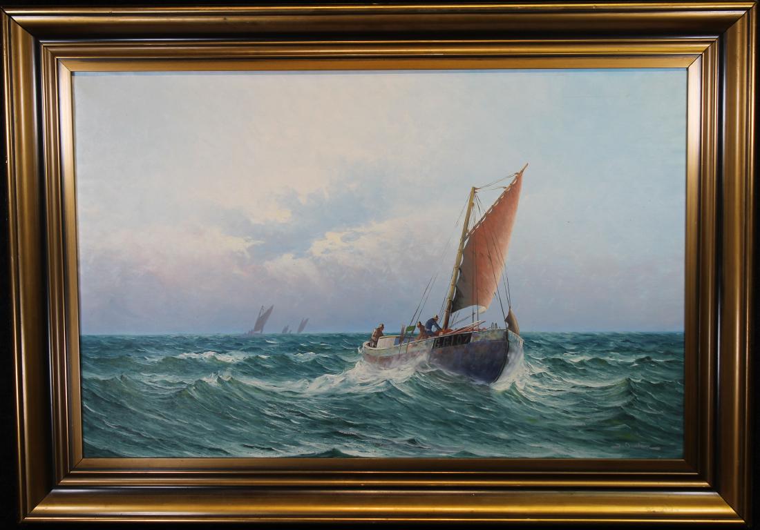 Johan Ossian (1889 - 1975): Johan Ossian (Sweden, 1889 - 1975) Nautical painting with figures on a sailboat. Signed lower right. Sight Size: 24.5 x 38.5 in. Overall Size: 33 x 47 in.