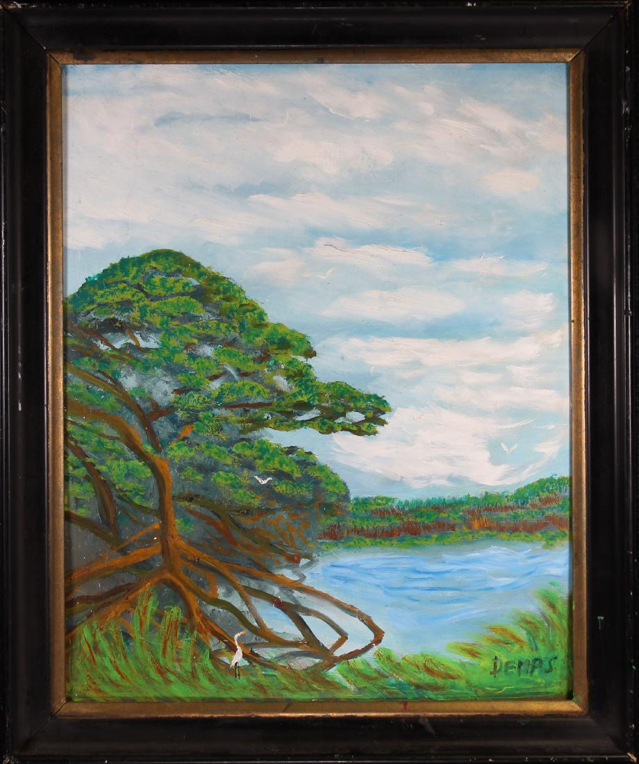 Rodney Demps (Florida, B. 1953) Highwayman: Rodney Demps (Florida, born 1953) Oil on board Florida Highwaymen painting. Inscribed lower right. Sight size: 19 x 15 in. Overall Size: in.23.25 x 19.5