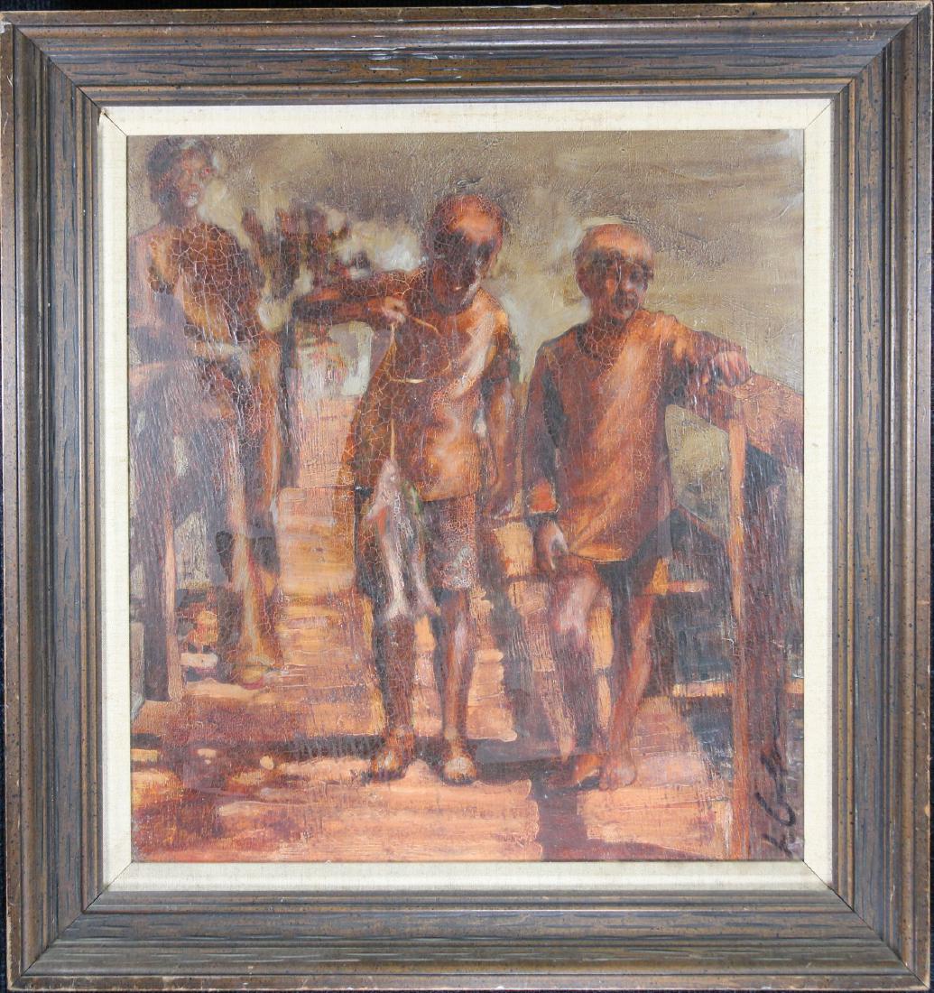 20th C. Signed Painting, Boys on Fishing Dock (1 of 3)
