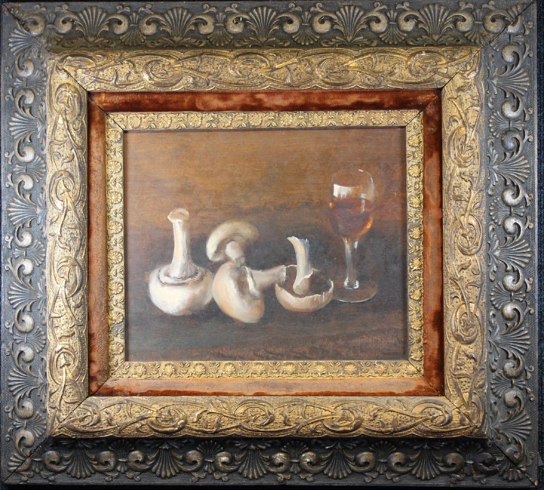 Attr. George Lance (British 1802-1864): Attr. George Lance (British 1802-1864). "Still Life with Mushrooms and Wine" Signed lower right. Sketch of Woman Figure on verso. 20th Century. Oil on Panel. Sight Size: 9.5 x 11.5 in. Overall Size: 2