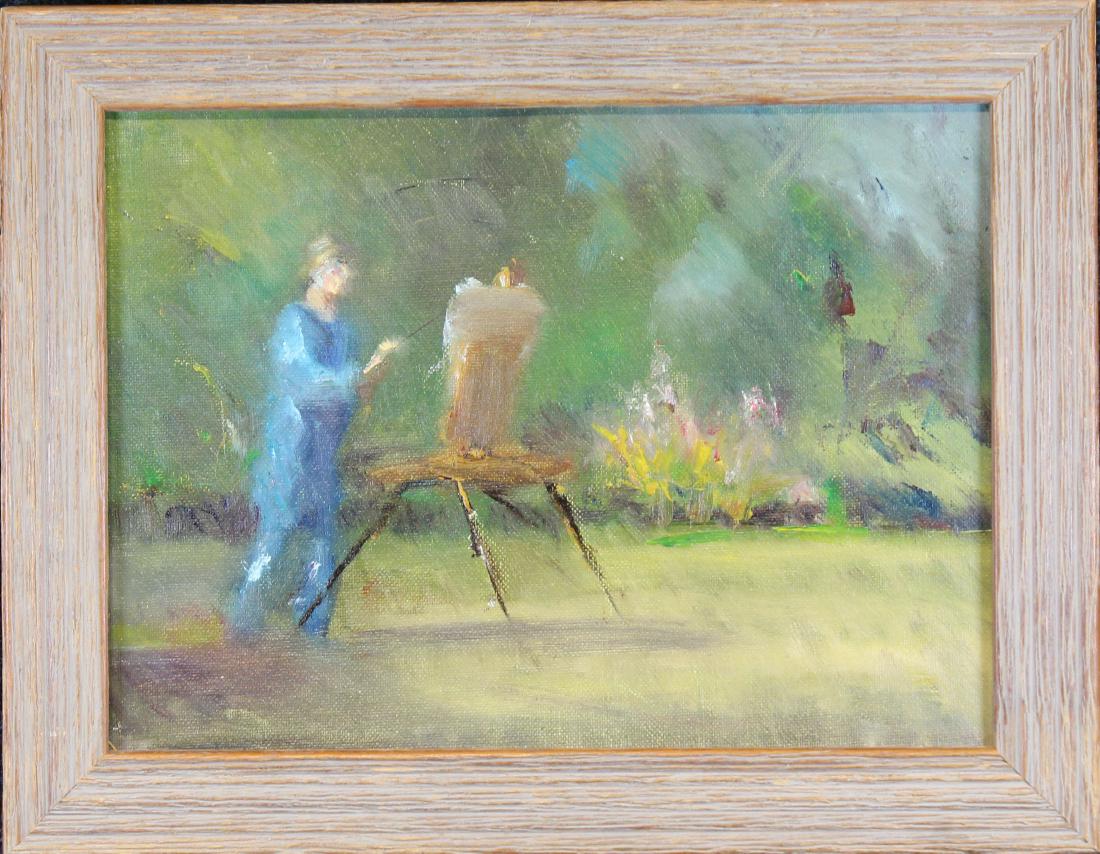 20th C. Impressionist Painting of Artist Sketching: 20th C. Impressionist Painting of Artist Sketching. Oil on board. Appears to be unsigned. Sight size: 8.5 x 11.5 in. Overall Size: 11 x 14 in.