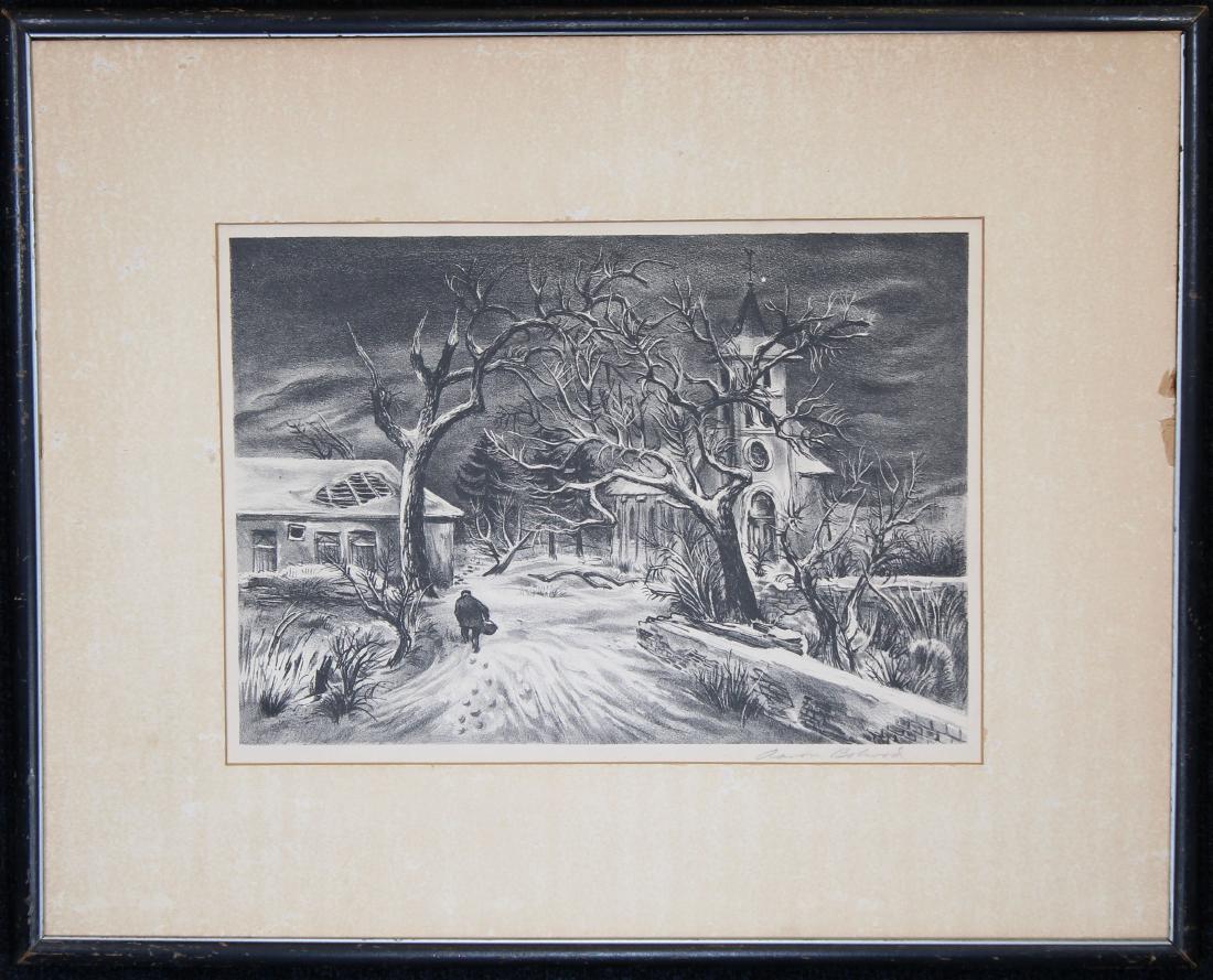 "Church in Luxembourg" Aaron Bohrod (1907 - 1992): Aaron Bohrod (Wisconsin, Illinois, 1907 - 1992) "Church in Luxembourg" Medium: Lithograph. Year: 1946. Pencil signed lower right. Old man plods along with basket, leaving footsteps in deep snow; towar