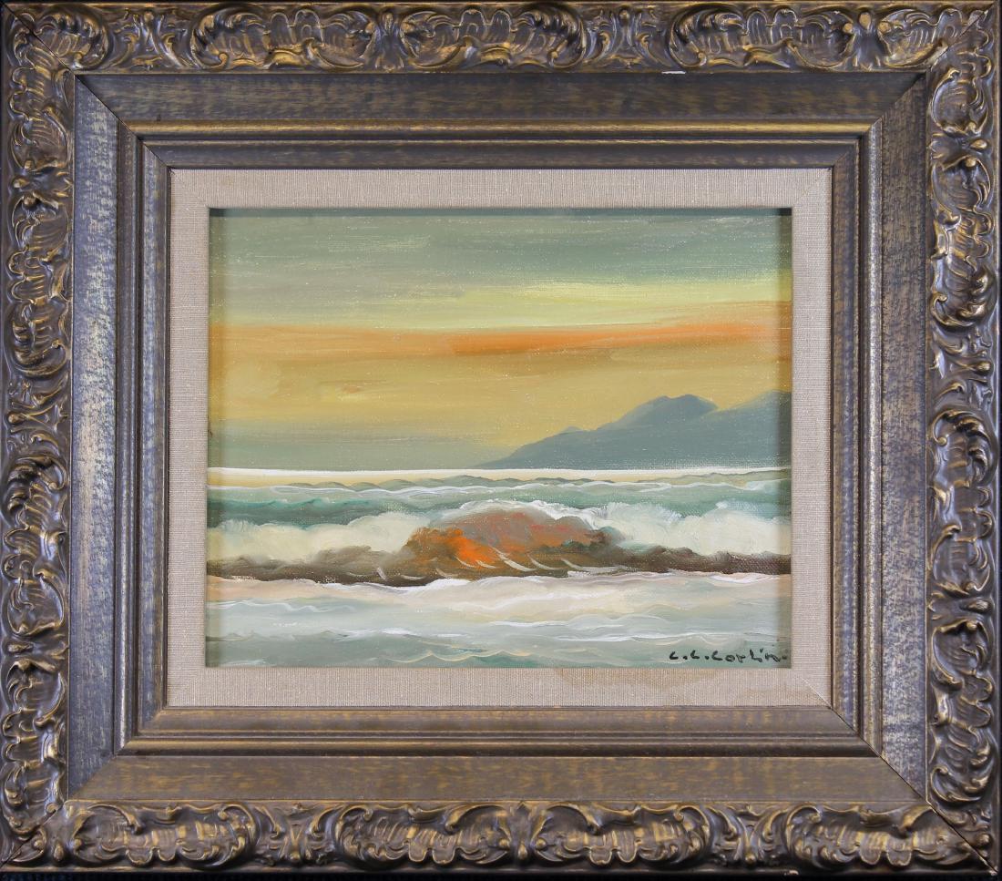 C. C. Corlin (American, 20th C.): C. C. Corlin (American, 20th C.) Painting of a Coastal Seascape. Signed lower right. Oil on Canvasboard. Sight Size: 7.5 x 9.5 in. Overall Size: 14 x 15.75 in.