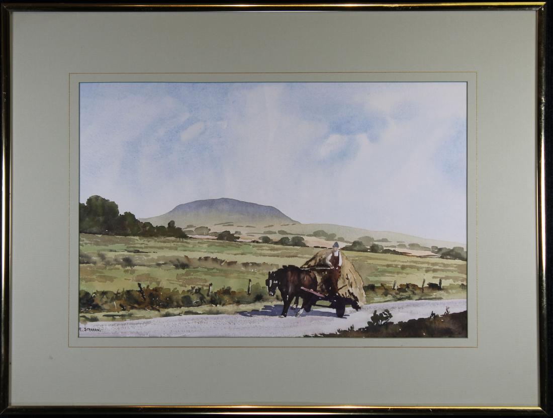 Strahan, Signed Watercolor of a Horse Drawn Cart: Strahan, Signed Watercolor of a Figure on a Horse Drawn Cart in a landscape. 20th century. Signed lower left. Sight size: 11.5 x 17 in. Overall Size: 18.5 x 24.5 in. Framed behind glass.
