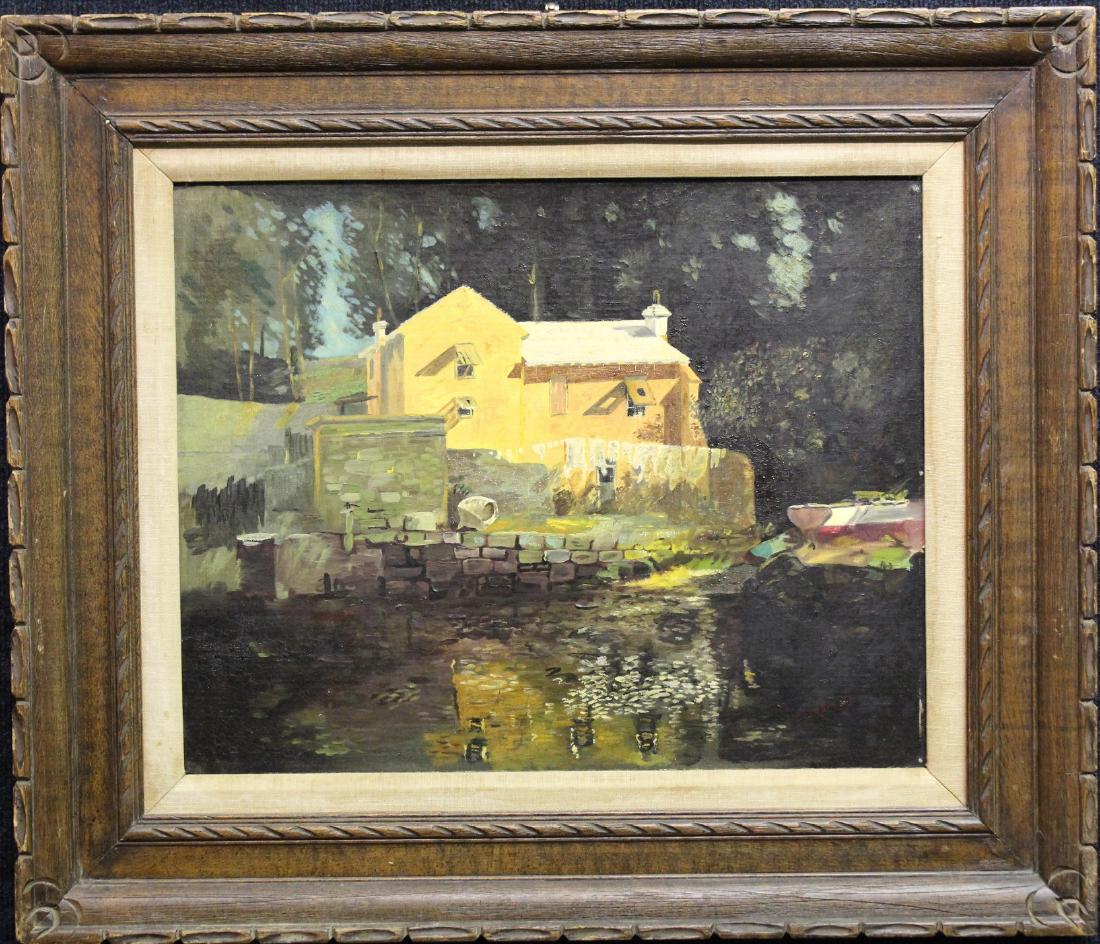 20th C. Painting of a House Near a River, Signed: 20th C. Painting of a House Near a River, Signed. Signed lower right. Oil on Canvas. Sight Size: 15.5 x 19.75 in. Overall Size: 24 x 28.5 in.