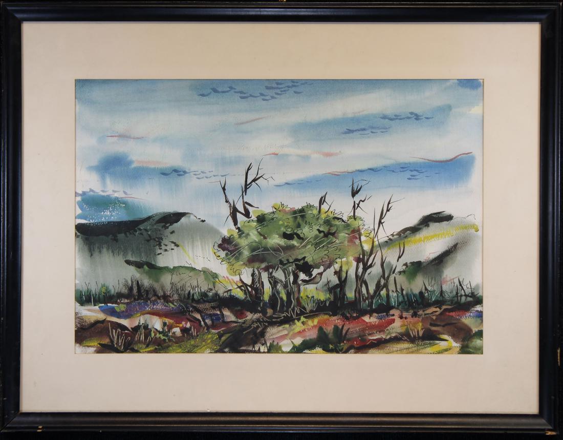 American School, Watercolor/Ink 20th C. Landscape: American School, Watercolor/Ink 20th C. Landscape. Appears to be unsigned, has not been examined out of frame. Sight size: 14.25 x 21.5 in. Overall Size: 22.5 x 29.5 in. Framed behind glass.