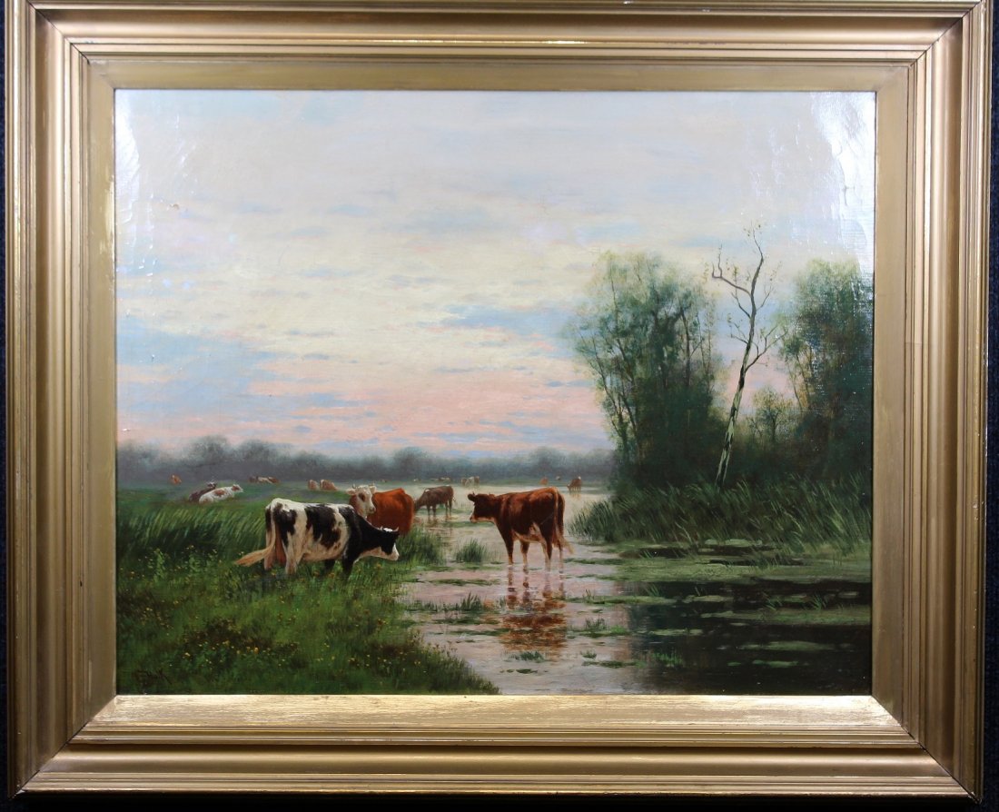William Frederick Hulk (UK, 1852 - 1906): William Frederick Hulk (UK, 1852 - 1906) Landscape painting with cows near a river. Signed lower left. Oil on Canvas. With original artist biography documents verso. Sight Size: 16 x 20 in. Overall Si
