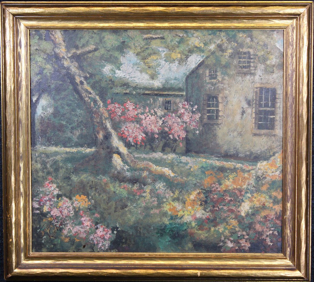 Emma E Koehler (Ohio, 20th Century): Emma E Koehler (Ohio, 20th Century) Oil on canvas painting of a house near a garden of wildflowers. Signed lower left. Housed in a gilt frame.Sight Size: 16 x 18 in. Overall Size: 20 x 22 in.