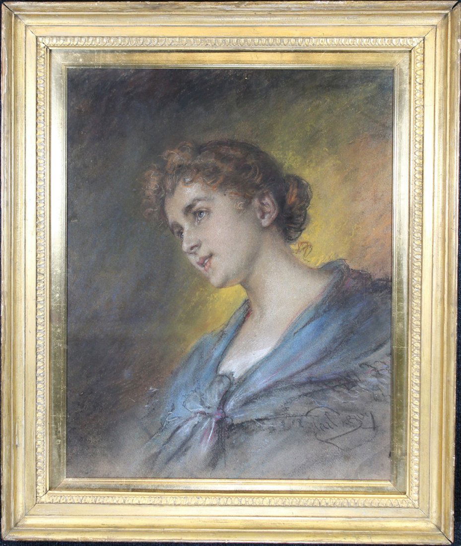 European School, Signed Portrait of a Young Woman: European School, Signed Portrait of a Young Woman. Pastel/paper. Indistinctly signed lower right. Housed in a gilt frame.Sight Size: 20.5 x 16.5 in. Overall Size: 27 x 22.75 x 2.5 in. Framed behind gl