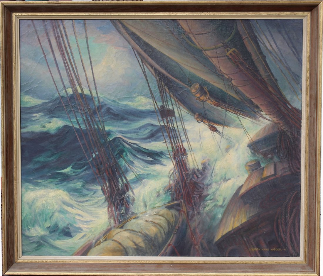 Harry Waddell (CA, 1876-1956) "Slamming Into It": Harry Waddell (California, 1876-1956) "Slamming into it". Nautical oil on canvas painting of a ship in rough seas. Signed lower right. Inscribed verso.Sight size: 33.5 x 39.5 in. Overall Size: 38 x 44