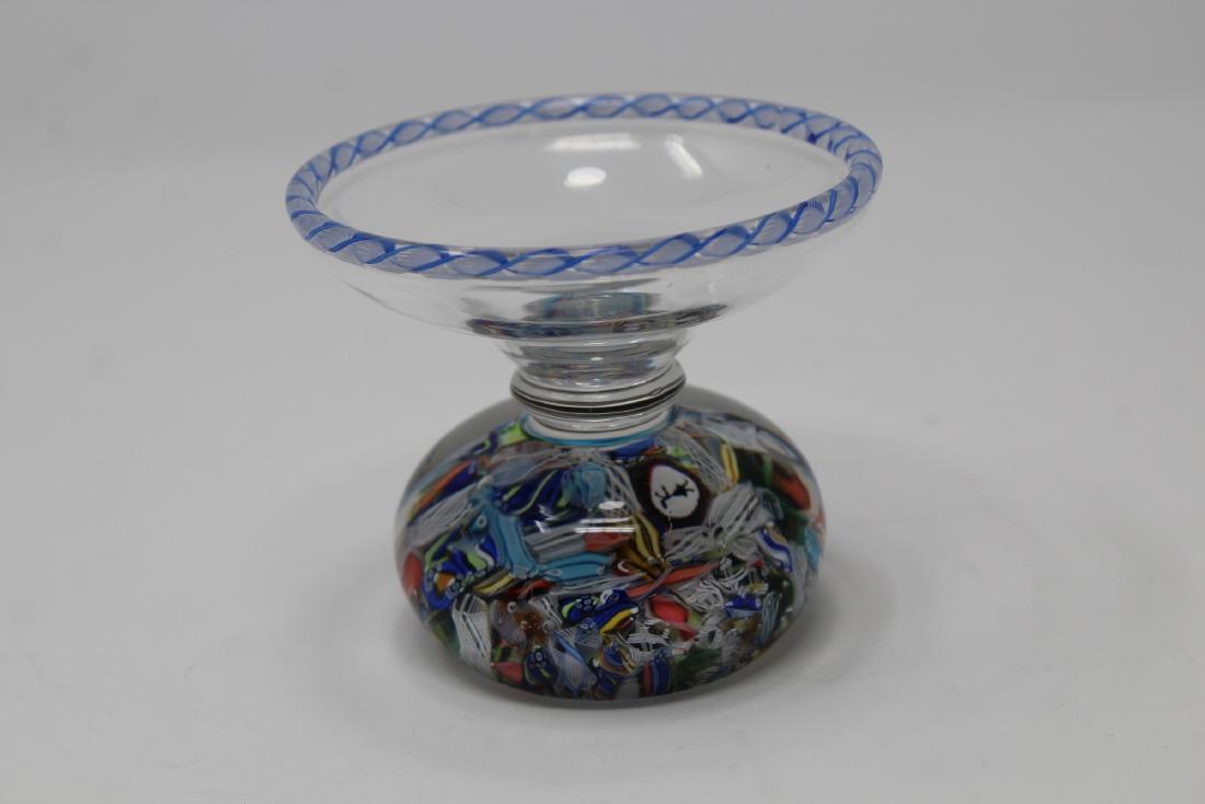 Saint Louis Millefiori Wafer Dish Paperweight: Saint Louis Millefiori Wafer Dish Paperweight. This St. Louis glass dish features a paperweight base consisting of scrambled millefiori and a blue and white torsade (twisted ribbon) around the upper r