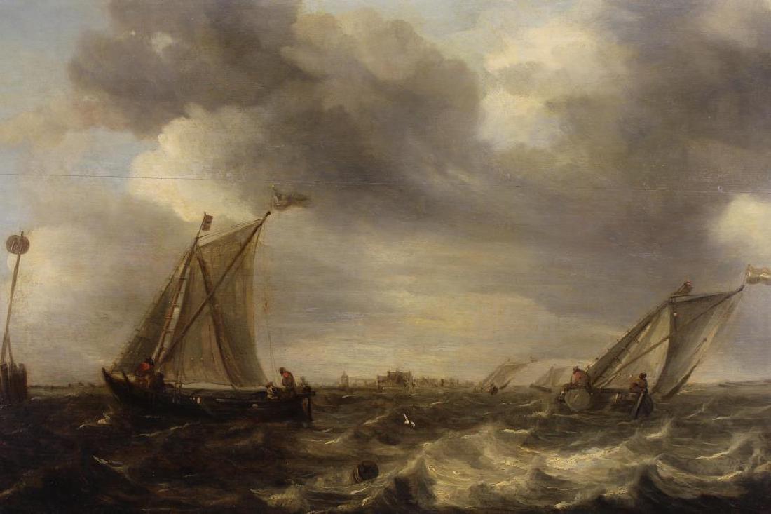 Abraham van Beyeren (1620 - 1690): Abraham van Beyeren (Netherlands, 1620 - 1690) Oil on board painting of ships in rough seas near the coast. Monogrammed. Partial label verso. Abraham van Beyeren (Dutch, 1620-1690) was mostly active i