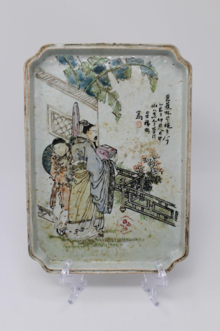 19th C. Tung Chi Period Chinese Porcelain Tray: 19th C. Tung Chi Period Chinese Porcelain Tray. Calligraphy Signed upper right. Old label affixed verso. Size: 9 x 6.5 in.