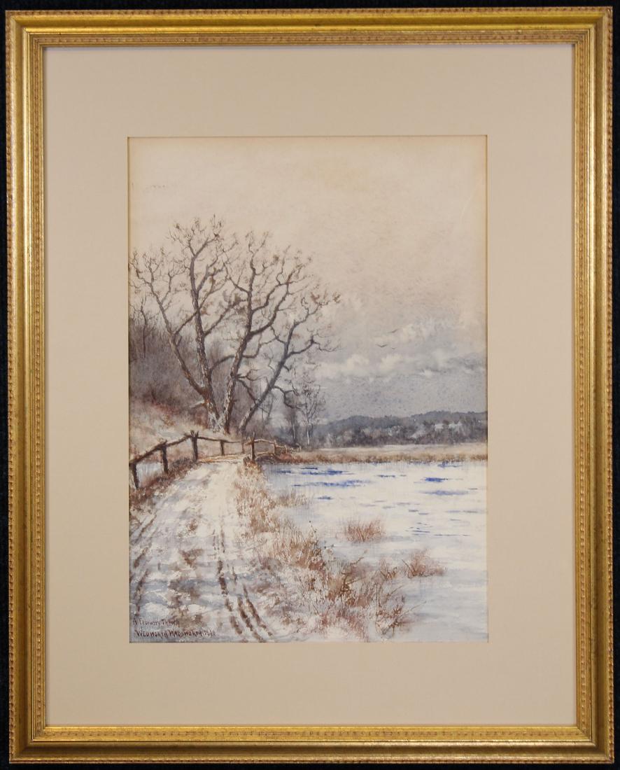 Wedworth Wadsworth (Connecticut, 1846 - 1927): Wedworth Wadsworth (Connecticut, 1846 - 1927) "A February Thaw" Watercolor depicting a pathway along a wooded landscape. Signed and titled lower left.Sight Size: 13.5 x 9.5 in. Overall Size: 20.5 x 16