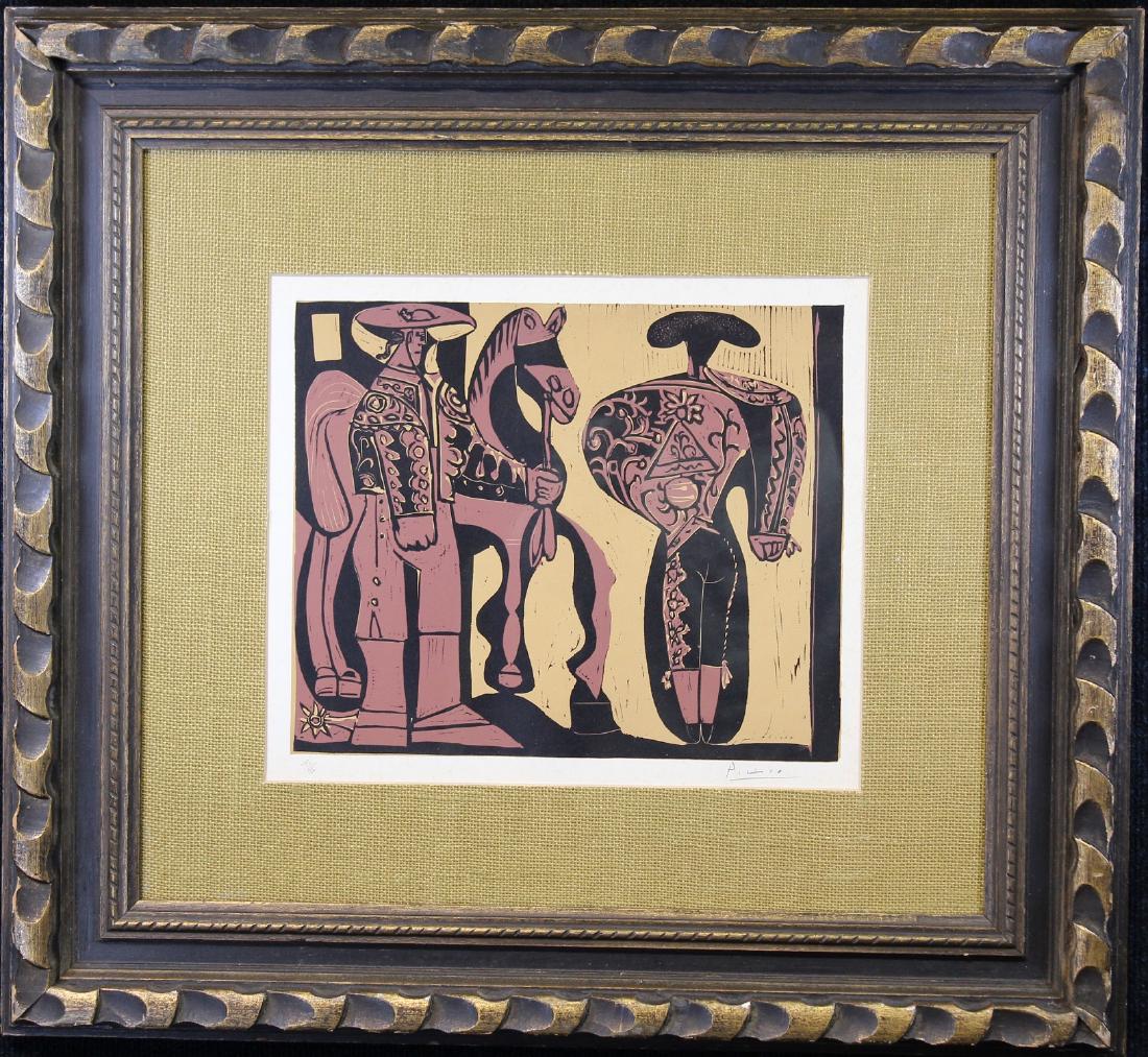 Picasso "Picador and Matador" Linocut: Picasso "Picador and Matador" Linocut. Pencil signed lower right. Numbered lower left. Condition: slight foxing. Sight Size: 11.75 x 14 in. Overall Size: 24.25 x 26.5 in. Framed behind glass.