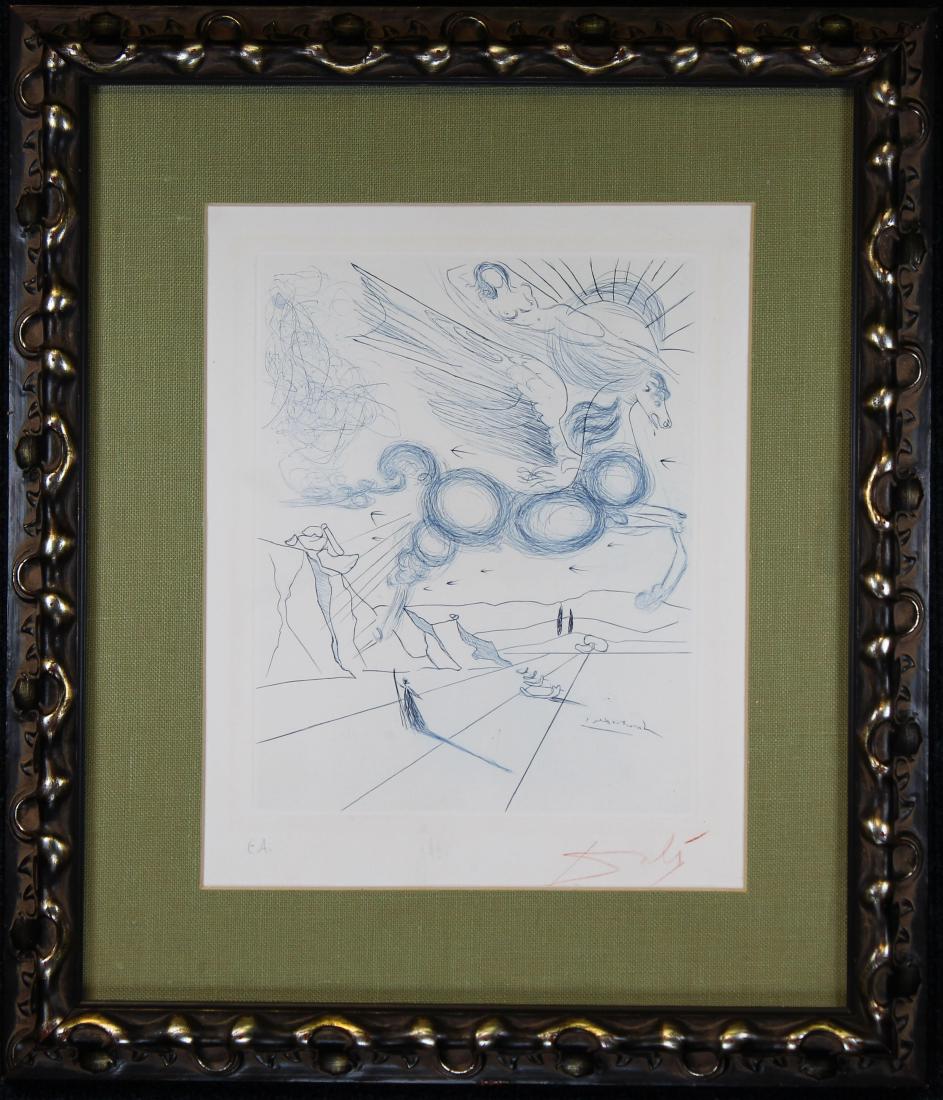 Salvador Dali "Pegasus Bleu" E.A. Etching: Salvador Dali (Spanish,1904-1989) "Pegasus Bleu" Signed in color pencil lower right. E.A. lower left. Drypoint etching in blue ink. This etching by the Master Dali was print ed in 1973 at Ateliers Rig