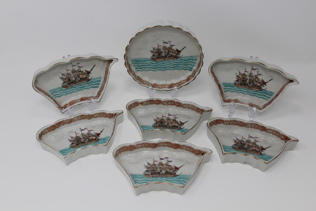 (7) Pc. Chinese Export Porcelain Naval Ship Dishes: (7) Pc. Chinese Export Porcelain Naval Ship sweetmeat dishes. Plate Diameter: 5 in. Mini Plate Sizes: 3 x 5.5 in.