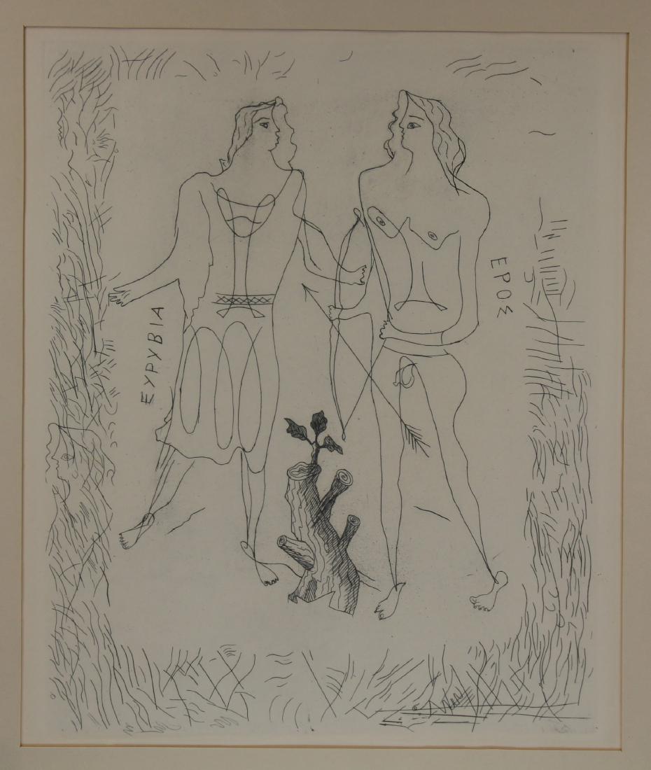 Georges Braque "Eros and Eurybia" Etching: Georges Braque "Eros and Eurybia" Etching. Authentication paperwork attached verso. Sight Size: 14.75 x 12.25 in. Overall Size: 22.75 x 18.75 in. Framed behind glass.