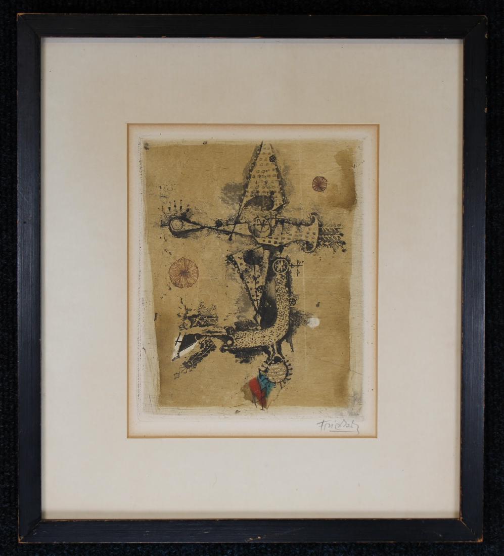 Johnny Friedlaender (1912 - 1992) "Oiseau VI": Johnny Gotthard Friedlaender (1912 - 1992). Titled "Oiseau VI". Pencil signed lower right. Etching, edition of 300. Certificate of Authenticity label verso. Sight Size: 6.75 x 5.5 in. Overall Size: 11