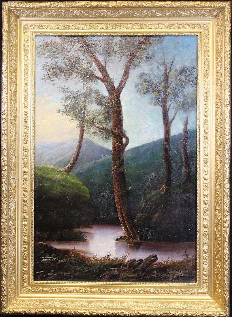 Large American School Hudson River Landscape: Large 19th C. American School Hudson River Landscape Painting. Housed in a large gilt frame. Appears to be unsigned, has not been examined out of frame. Oil on canvas. Sight Size: 35.25 x 23.25 in. Ov