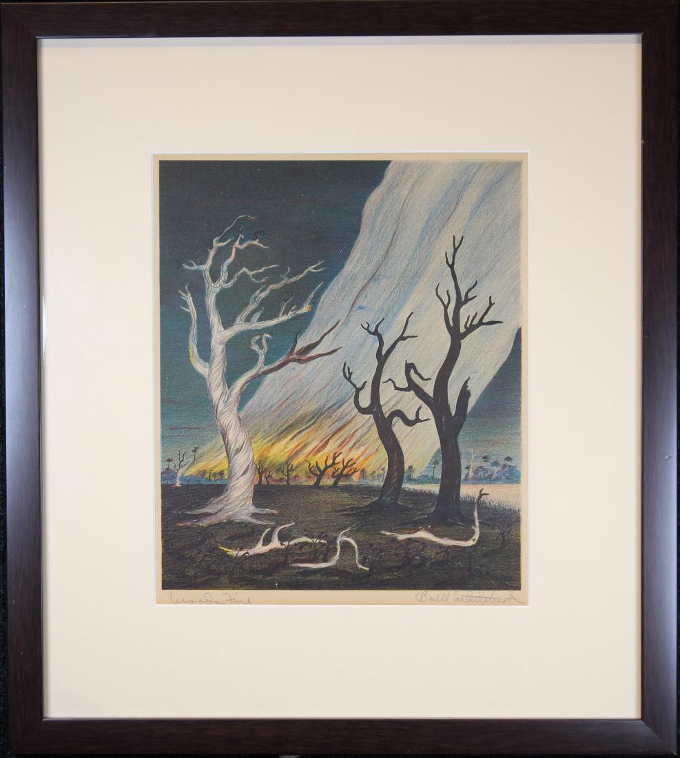 Buell Whitehead (FL. 1919 - 1993) "Woods Fire": Buell Whitehead (Florida, 1919 - 1993) "Woods Fire" Florida Everglades lithograph. Pencil signed lower right. Titled "Woods Fire" lower left. Image Size: 8.75 x 7.25 in. Overall Size: 15.5 x 13.75 in.
