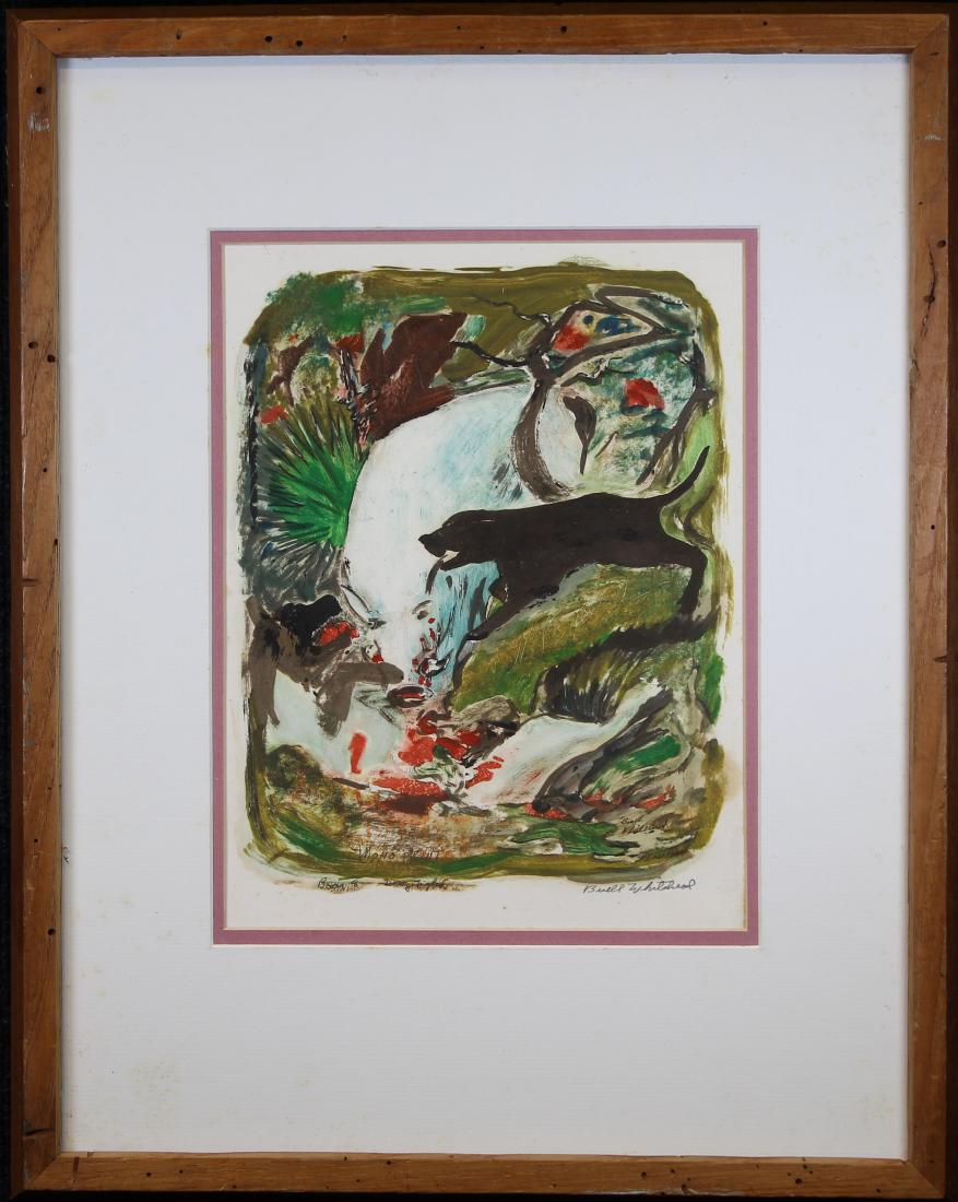 Buell Whitehead (FL. 1919 - 1993) Monotype: Buell Whitehead (FL. 1919 - 1993) Monotype. Signed in pencil lower right. Titled "Boar and Dog Fight" lower left. Comes in original artists frame. Sight Size: 11 x 8.25 in. Overall Size: 19.5 x 15.5 i