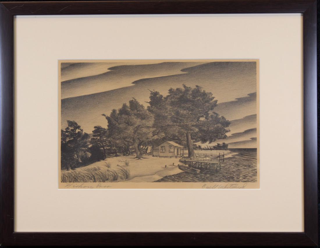 Buell Whitehead (FL. 1919 - 1993) "Hickory Pass": Buell Whitehead (FL. 1919 - 1993) Lithograph. Pencil signed lower right. Titled "Hickory Pass" (Lee County, Florida) lower left. Image Size: 7 x 10.75 in. Overall Size: 13 x 17 in. Framed behind glass