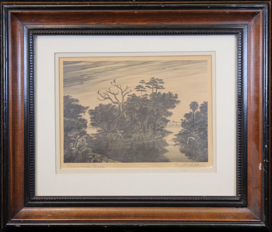 Buell Whitehead (FL. 1919 - 1993) "Hammock Ponds": Buell Whitehead (FL. 1919 - 1993) Lithograph. Pencil signed lower right. Titled "Hammock Ponds" (Chipley, Florida) lower left. Image Size: 8 x 11 in. Overall Size: 16.5 x 19.5 in. Framed behind glass.