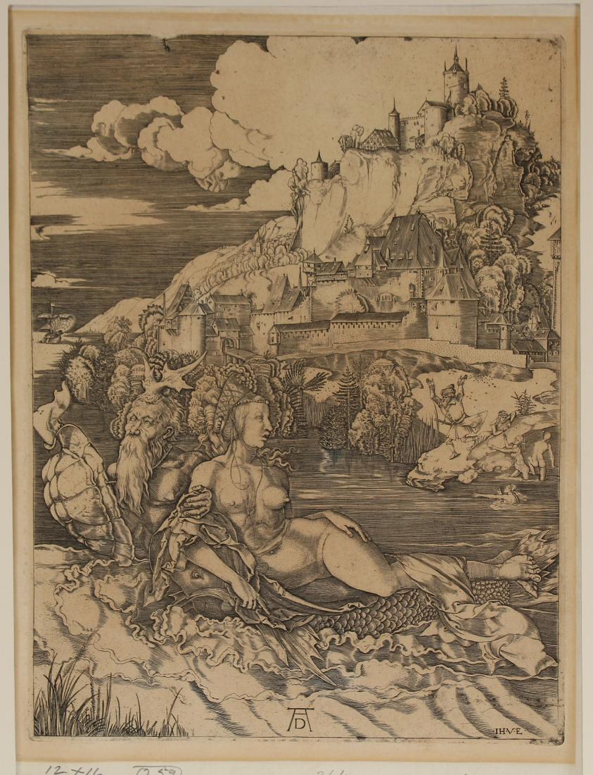After Albrecht Durer "Seamonster" Engraving: After Albrecht Durer "Seamonster" Engraving. Monogrammed in plate lower center. Image Size: 9.5 x 7 in. Unframed.