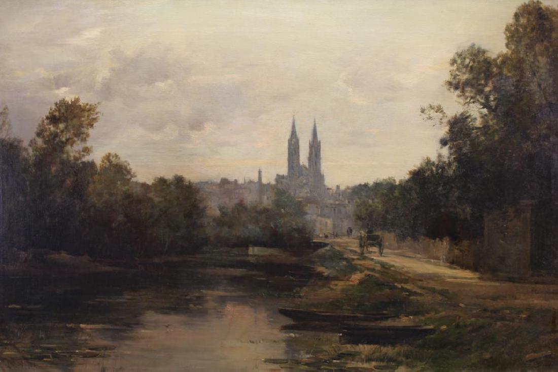 Maurice Levis (1860 - 1940) "Ville de Niort": Maurice Levis (France, 1860 - 1940) "Ville de Niort" Painting of a horse drawn carriage making its way on a path towards a town in the distance. Signed lower right. Labels verso. Levis consistently ex