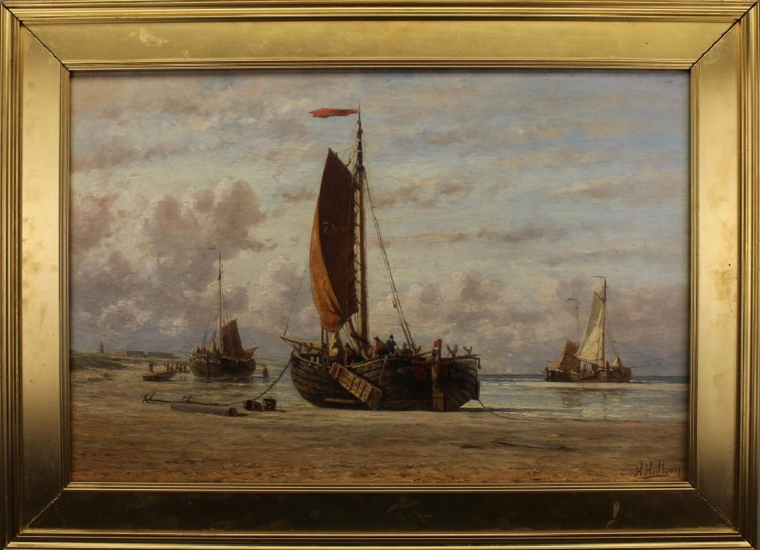Hendrick Hulk (France, Netherlands, 1842 - 1937): Hendrick Hulk (France, Netherlands, 1842 - 1937) Oil on canvas painting of beached sailboats with figures. Signed and dated lower right. Sight Size: 17 x 25.5 in. Overall Size: 23 x 21.5 in.