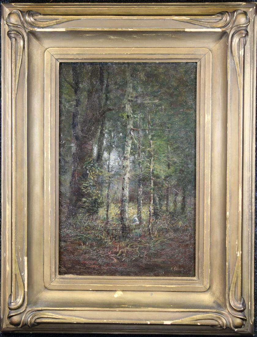 John Semon (American, 1852 - 1917): John Semon (1852 - 1917) Painting of an interior forest scene. Signed lower right. Oil on Panel. Housed in an American frame. Semon was an early member of the Cleveland Art Club, and was listed during
