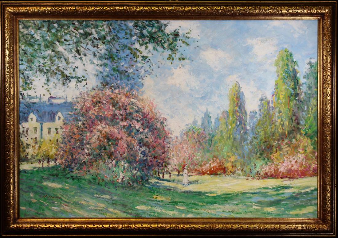 Mann, Signed Painting, "Sunday in the Park": Mann, Signed Painting, "Sunday in the Park". Oil on canvas. Signed lower left. Depicting a figure in a colorful spring landscape. Sight Size: in. Overall Size: in.