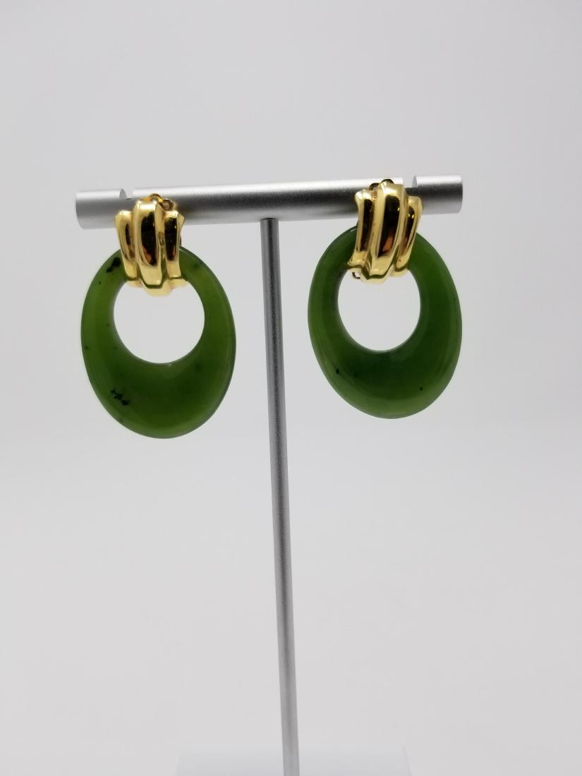 Pair of 14K Gold & Jade Earrings: Pair of 14K Gold & Jade Earrings. Stamped 14K on clasp. Total Weight: 13.3 g. Jade Sizes: 1.25 x 1 in. - All silver, gold and/or jewelry lots or invoices containing said lots MUST be paid for via WIRE
