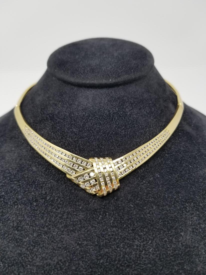 18K Gold & Diamond Choker Necklace: 18K Gold & Diamond Choker Necklace. Stamped '750' & 'n.67'. Total Weight: 46 g Neck Size: 5.75 x 4.5 in. Approx Total Diamond Weight: 5ct - All silver, gold and/or jewelry lots or invoices containing 