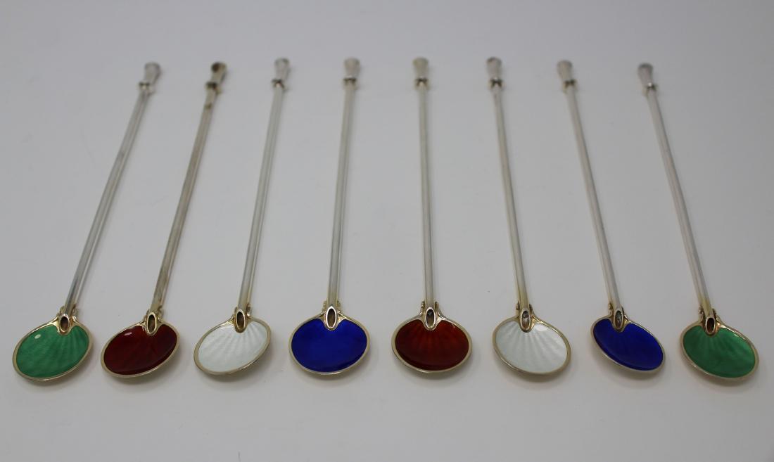 (8) Hestenes Sterling Enameled Ice Tea Spoons: (8) Hestenes Sterling Enameled Ice Tea Spoons/Straws. Stamped 'Sterling 925S Hestenes Norway' on spoons. Lengths: 8 in. Total Weight: 5.7 ozt - All silver, gold and/or jewelry lots or invoices contain