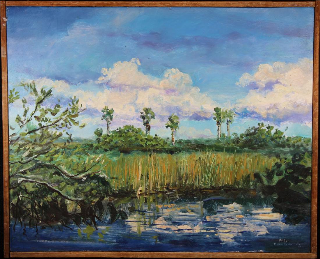 John R Briggs (FL. B. 1948) "Everglades": John R Briggs (FL. B. 1948) Florida School Painting. Signed, titled "Everglades" and dated ('92) lower right. Oil on Masonite. Sight Size: 17.75 x 22 in. Overall Size: 18.5 x 22.75 in.