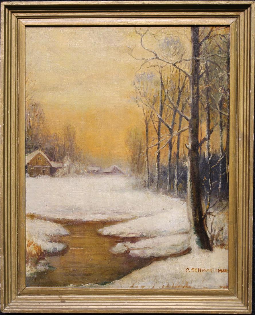 Schwartzman, Signed American Winter Landscape: Schwartzman, Signed American Winter Landscape Painting. Oil on canvas. Signed lower right. Sight size: 17 x 13.5 in. Overall Size: 20.5 x 16.75 in.