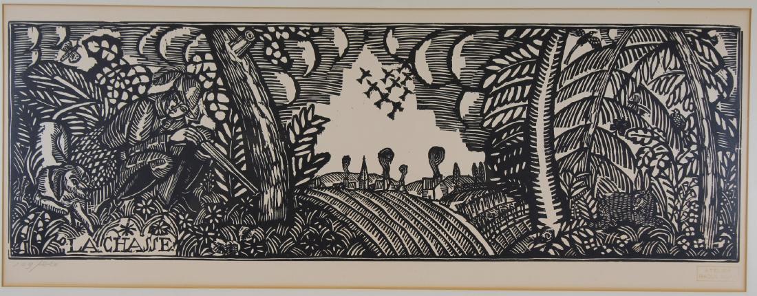 Raoul Dufy Woodcut "La Chasse": Raoul Dufy Woodcut "La Chasse". Numbered (109/220) lower left. Stamped "Atelier Raoul Dufy" lower right. Image Size: 9.5 x 25.5 in. Overall Size: 13.5 x 29 in. Framed behind glass.