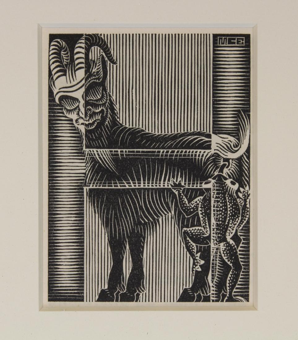 M.C. Escher "H" Woodcut: Maurits Cornelis Escher (1898 - 1972) Woodcut. Documentation verso. Signed in plate upper right. 1932. Depicting goat and frog. Image Size: 3 x 2.5 in. Overall Size: 11 x 9.5 in. Framed behind glass.