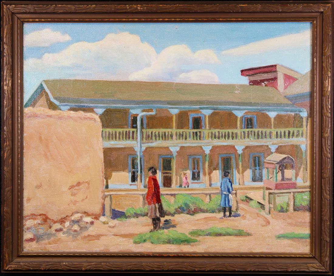 Laura Hoernig (New Mexico, 1872 - 1957): Laura Hoernig (New Mexico, Missouri, 1872 - 1957) Painting of figures in a southwestern village, Possibly Taos. Oil on Canvas. Inscribed verso. Hoernig attended the Kansas City Art Institute in 1926 w