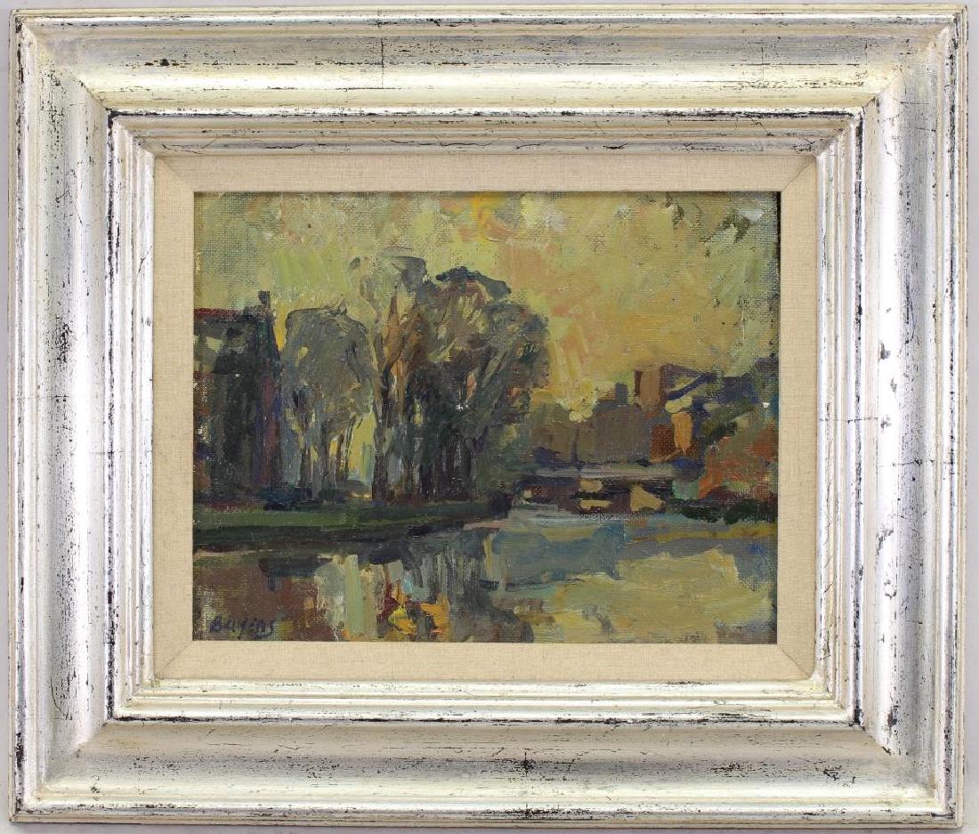 Hans Bayens (Netherlands, 1924 - 2003): Hans Bayens (Netherlands, 1924 - 2003) Painting of a River landscape. Signed lower left. Christie's label verso. Sight Size: 7 x 9 in. Overall Size: 13 x 15.5 in.