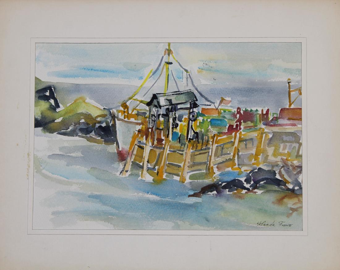 Yolanda Fusco (NY, Czech Republic, 1920 - 2009): Yolanda Fusco (NY, Czech Republic, 1920 - 2009) Harbor scene watercolor. Signed lower right. Fusco came to New York City at the age of ten, and she started painting at the age of twelve. She studied a