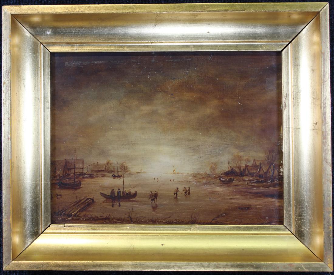 Framed Painting of Dutch Winter Landscape: Framed Painting of Dutch Winter Landscape with Skaters. Appears to be unsigned. Oil on board. Housed in a gilt frame.Sight Size: 6.75 x 9 in. Overall Size: 10 x 12.25 x 2.25 in.