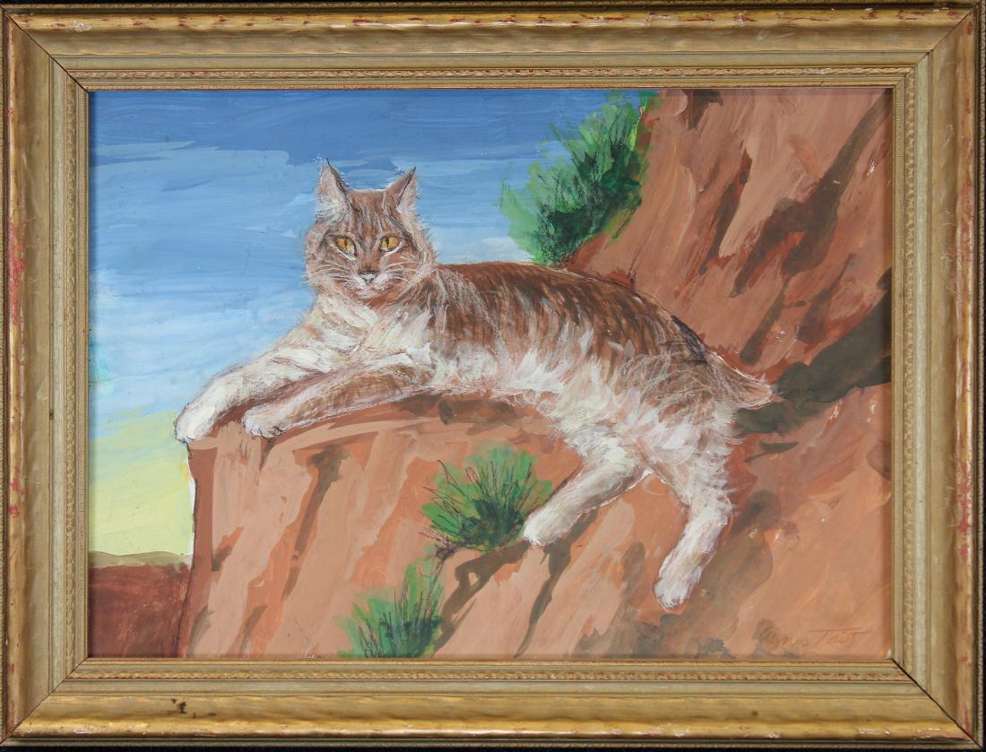 Agnes Gabrielle Tait (1894 - 1981): Agnes Gabrielle Tait (New York, New Mexico, 1894 - 1981) Painting of a cat reclining in a landscape. Signed lower right. Mixed Media on Panel. Tait was a member and exhibitor in 1936 of the National A