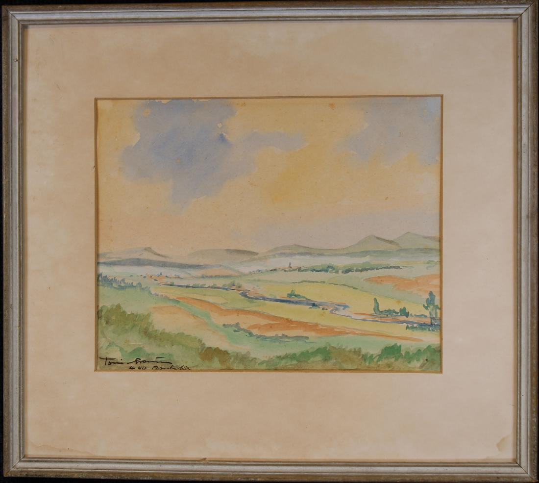 Signed, American School Watercolor of a Landscape: Signed, American School Watercolor Painting of a Landscape. Indistinctly signed and dated lower left. Watercolor/Paper.