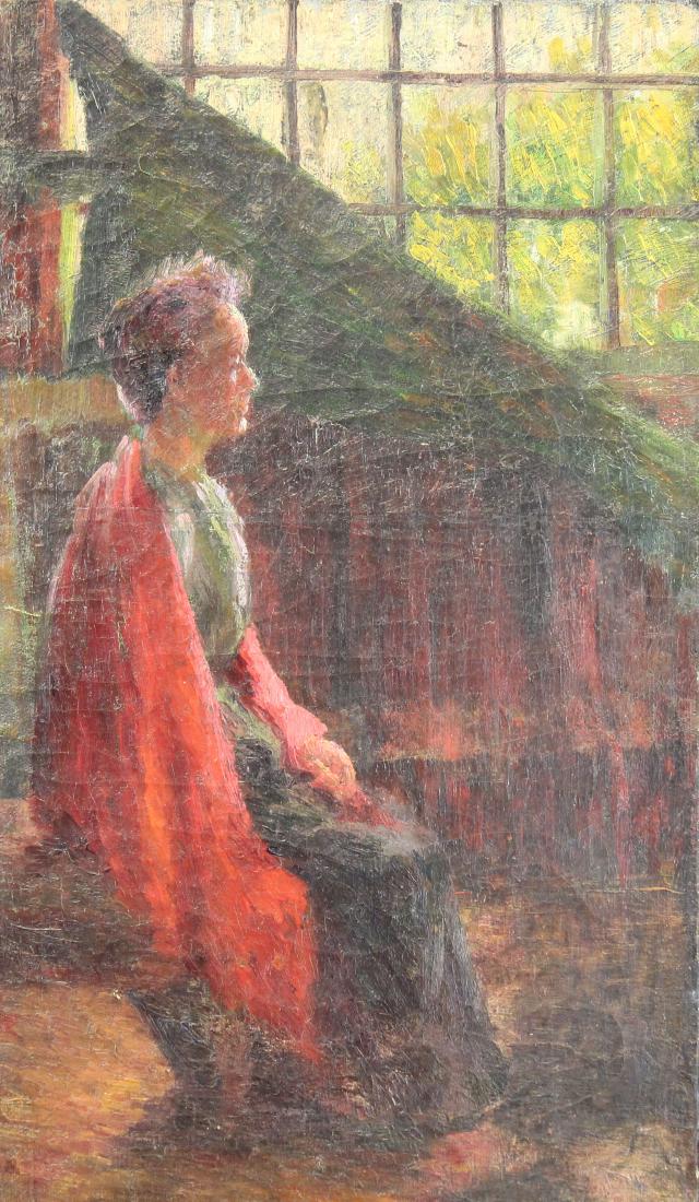 American School, Early 20th C. Woman in a Room: American School, Early 20th C. Painting of a Woman in a Sunlit Room. Appears to be unsigned. Inscription verso. Oil on canvas.