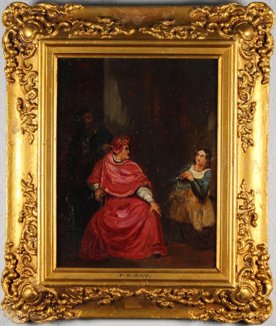 F.R. Say, 19th C. Interior Scene w/ Figures: F.R. Say, 19th C. Interior Scene w/ Figures. Oil on board. Signed lower left. Oil/Board. Sight Size: 8 x 6 in. Overall Size: 12.5 x 10.5 in.